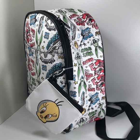 Looney Tunes All Over Print Faux Leather 10.5" Women’s White Mini Backpack. - Picture 3 of 15